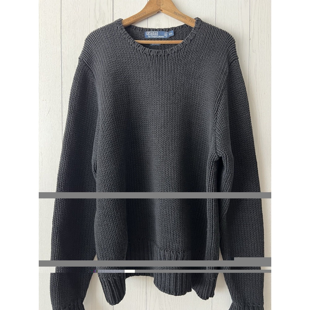 Vintage Polo Ralph Lauren Wool Blend Sweater Suede Elbows Chunky Knit Black XXL - Picture 5 of 10